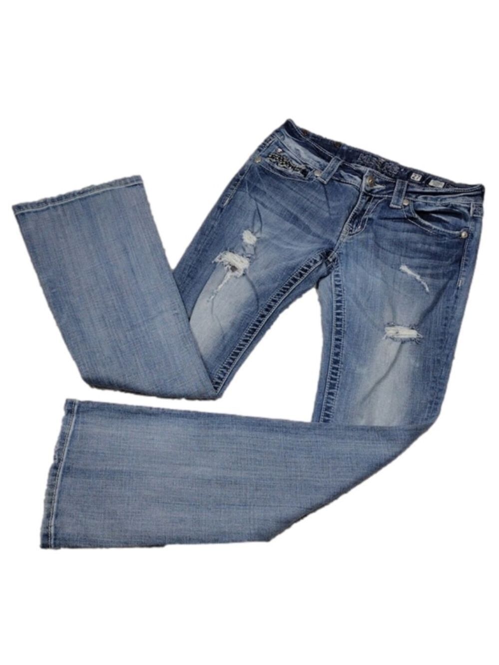 Miss Me Style JE1098BL Blue Light Wash Distressed Mid Rise Boot Cut Denim Jean
